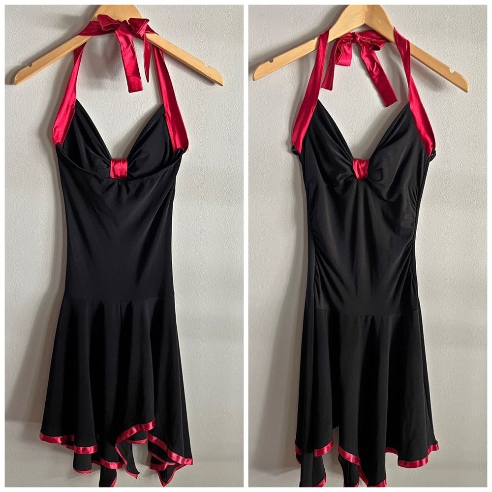 Y2K Taboo Black Red Halter Dress Satin Trim Jersey Stretch Pin Up XS-S
